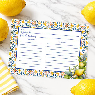 Italian Lemon Blue Tile Bridal Shower Recipe Card