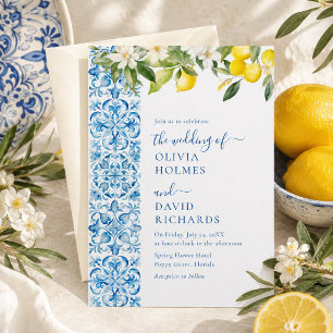 Italian Lemon Blue Tile Destination Wedding Invitation
