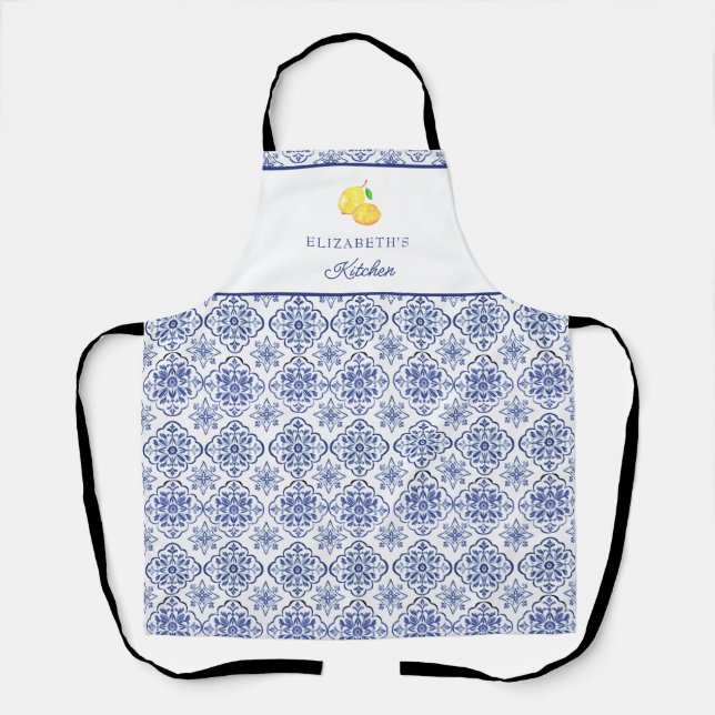 Italian Lemon Blue Tile Personalised Mediterranean Apron (Front)