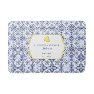Italian Lemon Blue Tile Personalised Mediterranean Bath Mat