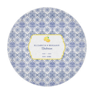 Italian Lemon Blue Tile Personalised Mediterranean Cutting Board