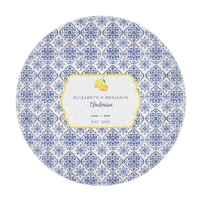 Italian Lemon Blue Tile Personalised Mediterranean Cutting Board (Front)