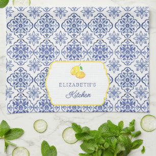 Italian Lemon Blue Tile Personalised Mediterranean Tea Towel