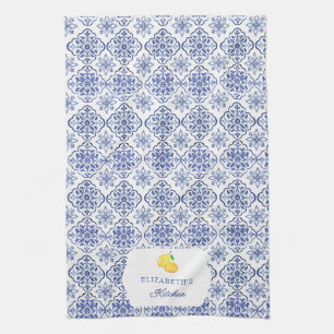Italian Lemon Blue Tile Personalised Mediterranean Tea Towel