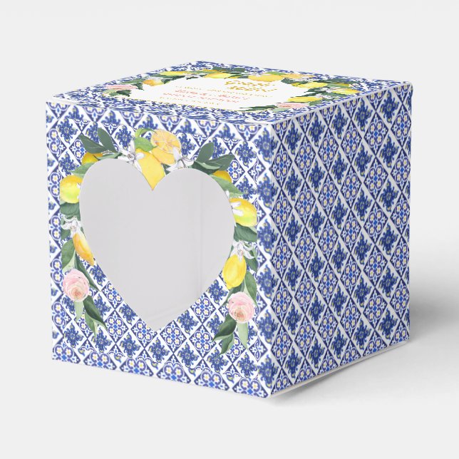Italian Lemon Blue Tiles Grazie Mille Bridal Showe Favour Box (Front Side)