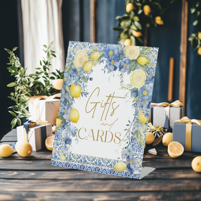 Italian Lemon Blue Tiles Italy Bridal Shower Pedestal Sign (Creator Uploaded)