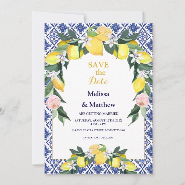 Italian Lemon Blue Tiles Mediterranean Wedding  Save The Date (Front)