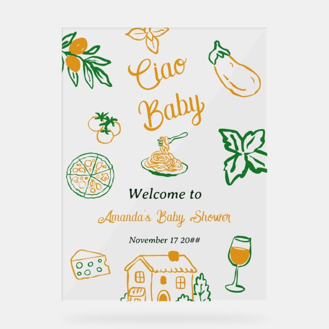 Italian Lemon Ciao Baby Pasta & Pizza Baby Shower Acrylic Sign (Front)