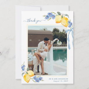 Italian Lemon Floral & Bow Blue and Yellow Wedding Thank You Card