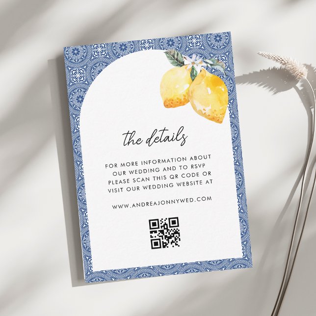 Italian Lemon Floral Tile QR Code Wedding Details Enclosure Card (Creator Uploaded)