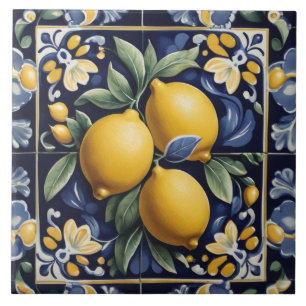 Italian Lemon Folk Art Dark Navy Blue Folksy Tile