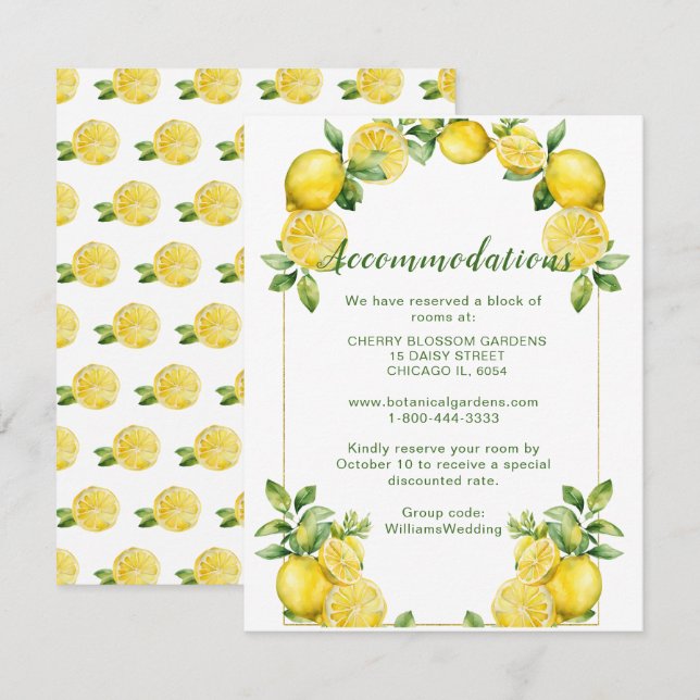 Italian Lemon Frame Wedding Accommodations Enclosure Card (Front/Back)