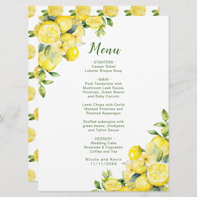Italian Lemon Greenery Frame Wedding Menu (Front/Back)