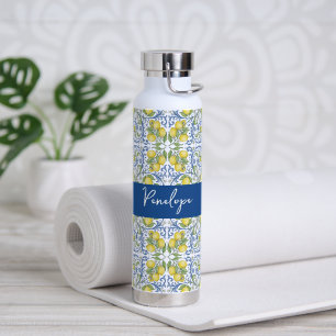 Italian Lemon Mediterranean Blue Tile Pattern Water Bottle