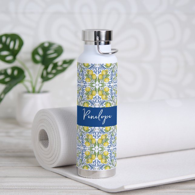 Italian Lemon Mediterranean Blue Tile Pattern Water Bottle (Yoga (Rotated))