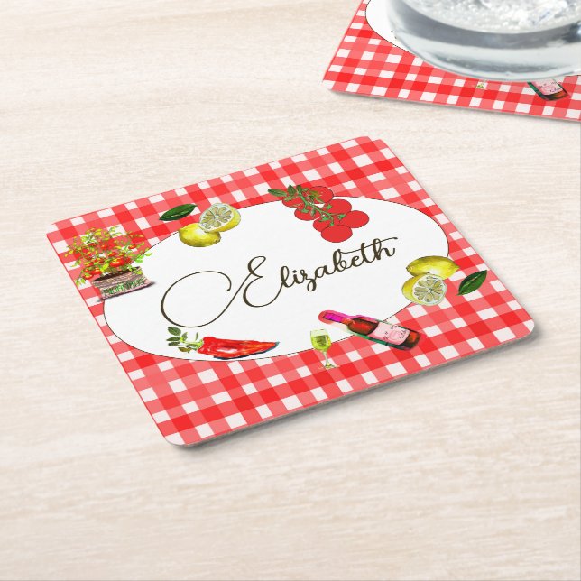 Italian Lemon Mediterranean Red White Pattern Square Paper Coaster (Angled)
