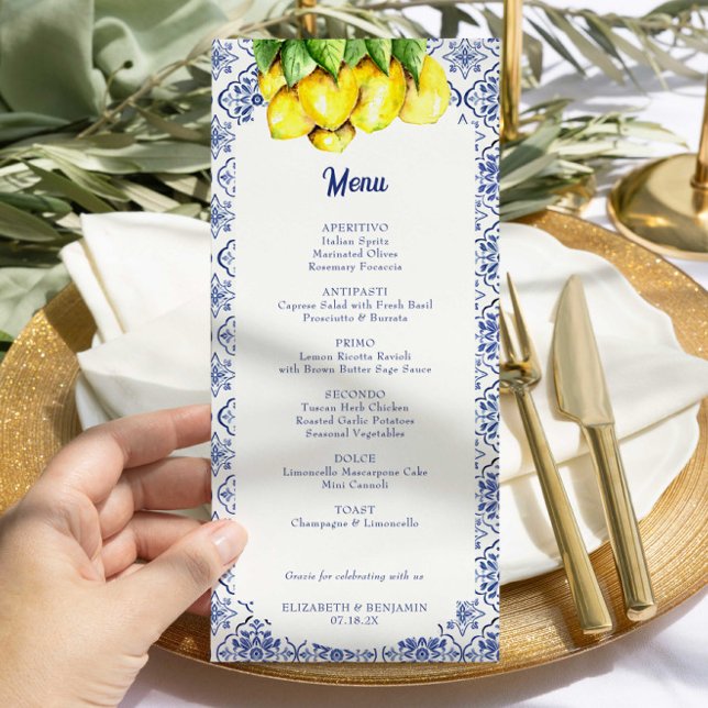 Italian Lemon Wedding Menu Mediterranean Blue Tile (Creator Uploaded)