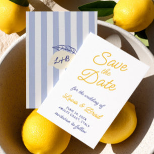 Italian Lemon Yellow & Blue Striped Save The Date