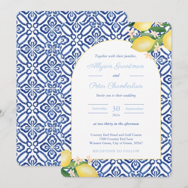 Italian Lemons Arch Shape Blue White Tiles Wedding Invitation (Front/Back)