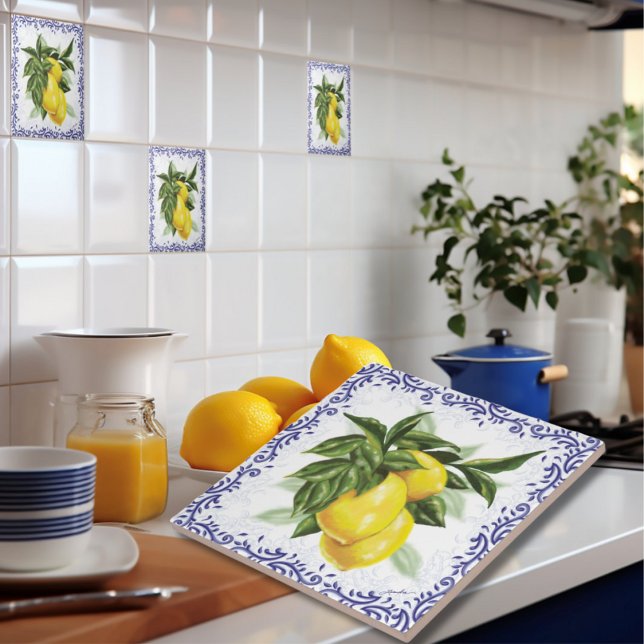 Italian Lemons Blue Filigree European Tile (European Italian Lemons 
Ceramic Kitchen Backsplash Tile)