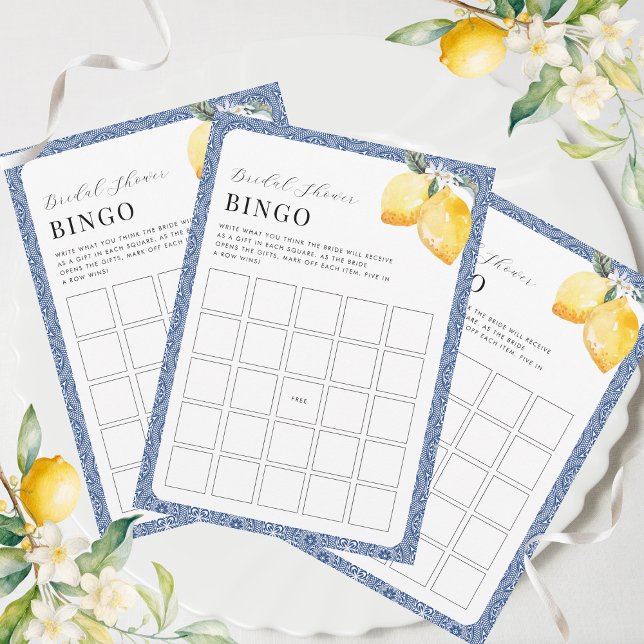 Italian Lemons Blue Tile Bridal Shower Bingo Game Invitation (Creator Uploaded)