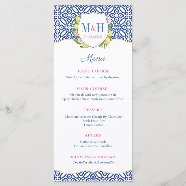 Italian Lemons Blue Tile Monogram Wedding Menu (Front)