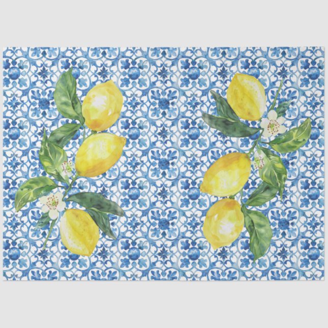 Italian Lemons Blue White Tile Decoupage  Tissue Paper (Front)