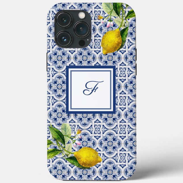 Italian lemons blue white tiles iPhone / iPad case (Back)