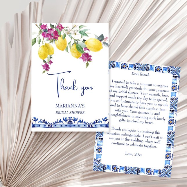 Italian lemons bougainvillea citrus bridal shower thank you card (Italian maiolica lemons bougainvillea citrus Mediterranian bridal shower wedding thank you card)