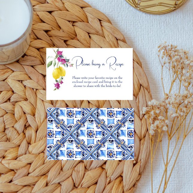 Italian lemons bougainvillea citrus recipe card (Vintage Italian maiolica blue tiles lemons bougainvillea citrus bridal shower recipe request card)