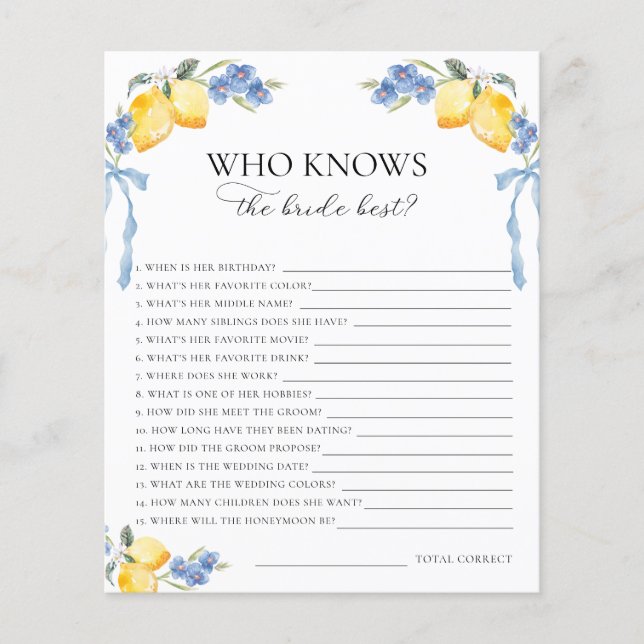Italian Lemons Bows Who Knows the Bride Best Game (Front)