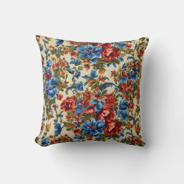 Italian Lush Red and Blue Flowers with Lush Leaves Cushion (Front)