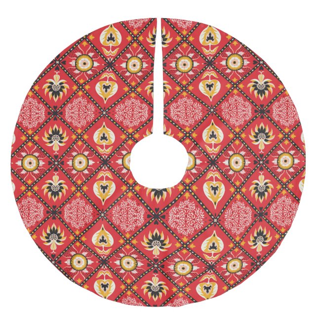 Italian Majolica: Embroidered Floral Tile. Brushed Polyester Tree Skirt (Front)