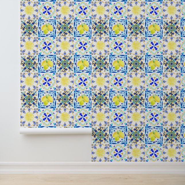 Italian Majolica Style Lemon Tile Pattern Wallpaper (Application)