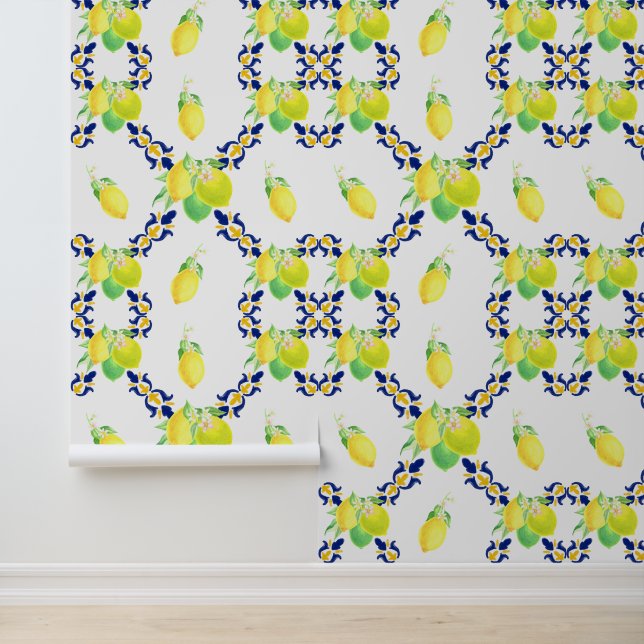 Italian Majolica Style Lemon Tile Pattern Wallpaper (Application)