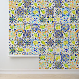 Italian Majolica Style Lemon Tile Pattern Wallpaper