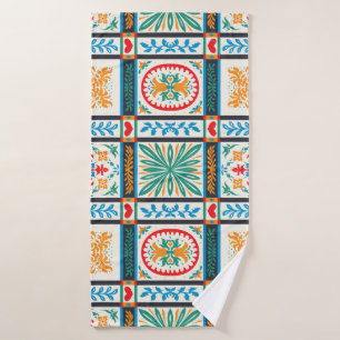 Italian majolica tile. Embroidery with flowers and Bath Towel