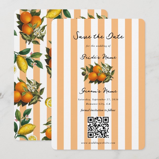 Italian Mediterranean Citrus Oranges Wedding Save The Date (Front/Back)