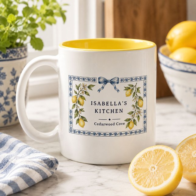 Italian Mediterranean Lemon Kitchen Custom Name Two-Tone Coffee Mug (Personalized lemon kitchen mug with blue bow, floral border and custom name and location.
)