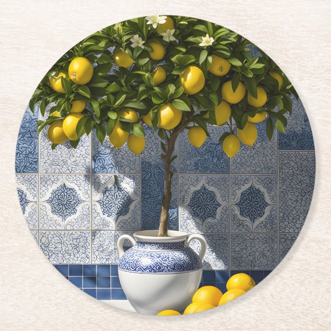 Italian Mediterranean Lemon Tree Paper Coasters (Front)