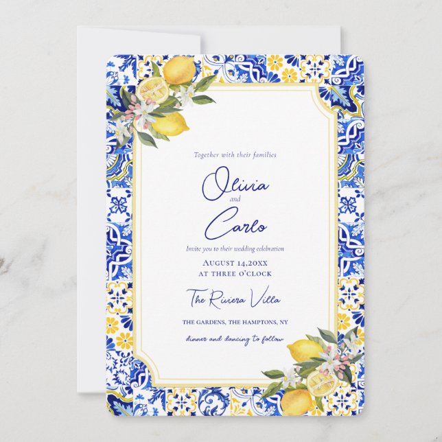 Italian Mediterranean Tile Lemon Wedding Holiday Card (Front)