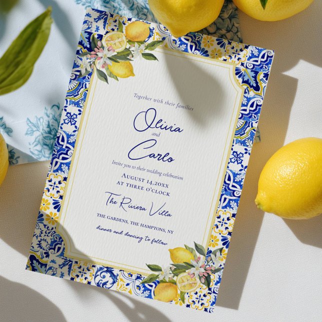 Italian Mediterranean Tile & Lemon Wedding Holiday Card (Italian Mediterranean Tile & Lemon Wedding Holiday Card)