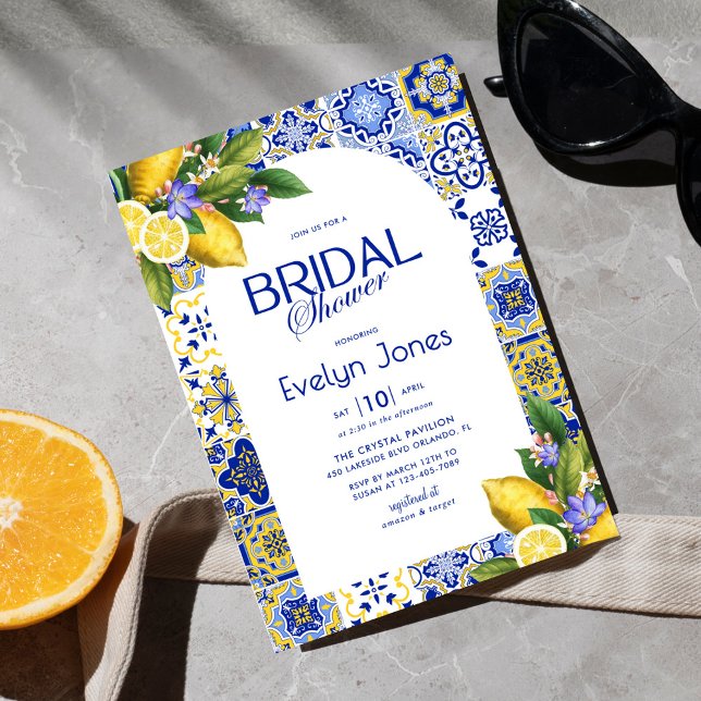 Italian Mosaic Blue Tile Lemons Arch Bridal Shower Invitation (Creator Uploaded)