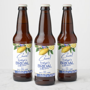 Italian Mosaic Blue Tile & Lemons Bridal Shower Beer Bottle Label