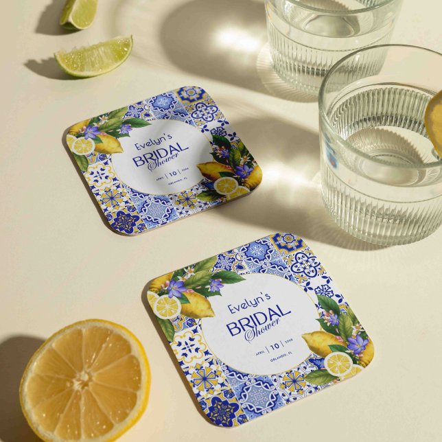 Italian Mosaic Blue Tile Lemons Bridal Shower Square Paper Coaster (Creator Uploaded)