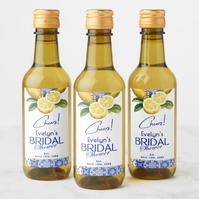 Italian Mosaic Blue Tile & Lemons Bridal Shower Wine Label (Bottles)