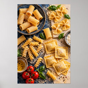 Italian Pasta Variety with Fresh Basil and Tomatoe Poster