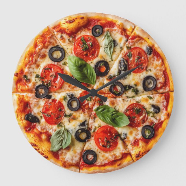 Italian pizza with tomatoes, olives, and basil large clock (Front)