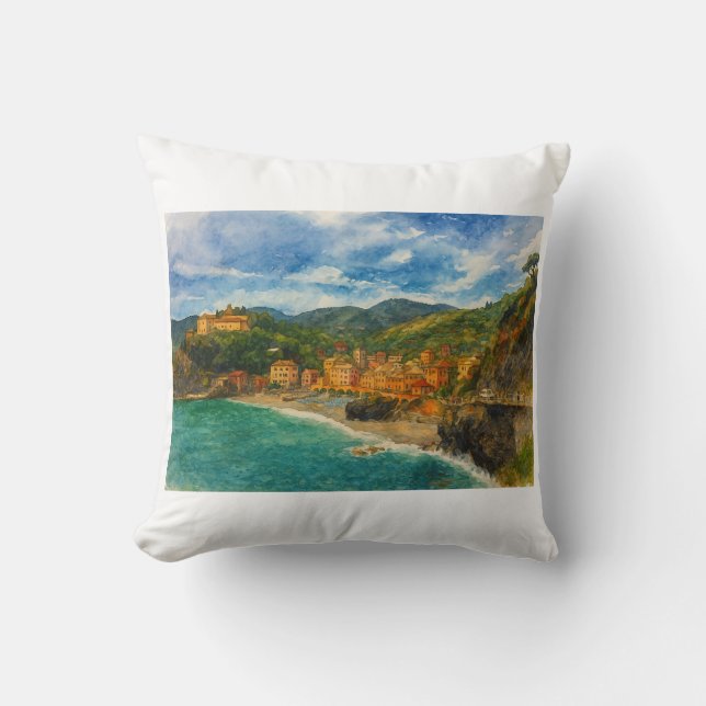 Italian Positano Coastal Village Watercolor Art Cushion (Front)