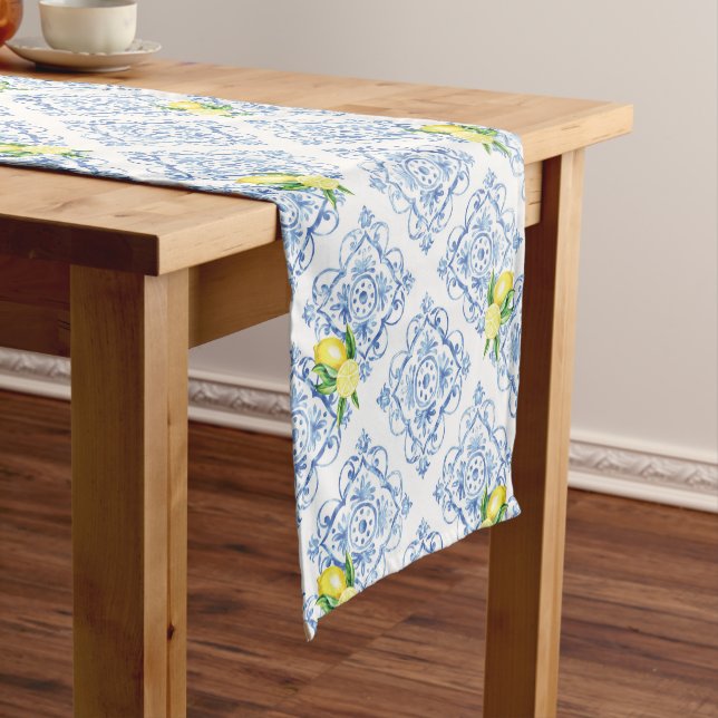 Italian Positano Tuscan Blue Tile Lemon Short Table Runner (In Situ)